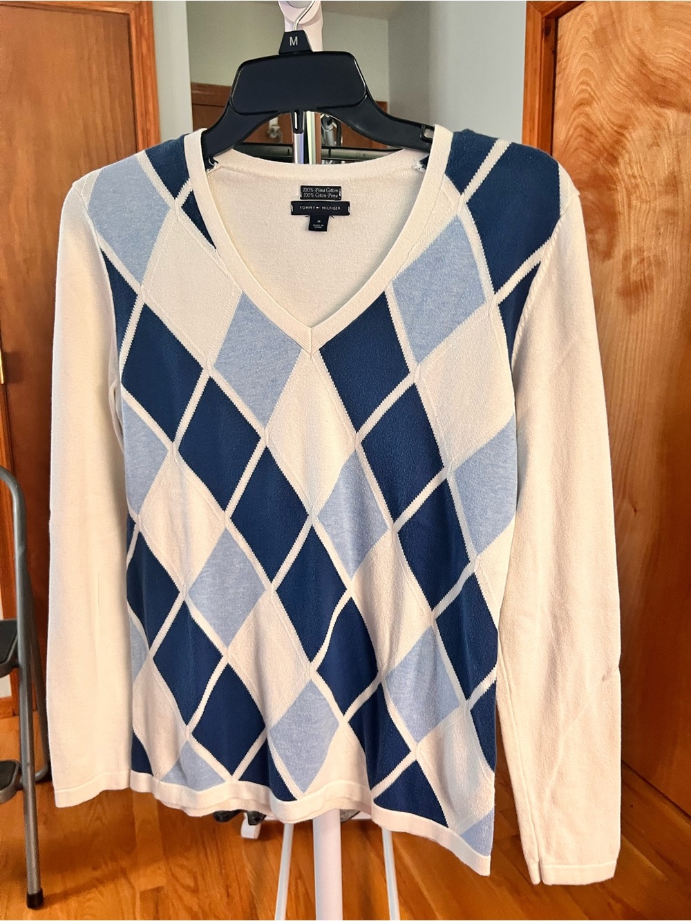 Tommy Hilfiger Navy and Light Blue Argyle V-Neck Sweater